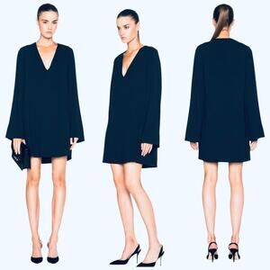 EUC HELMUT LANG Women's Blue Long-sleeve V-neck Shift w/POCKETS Dress $520 SMALL